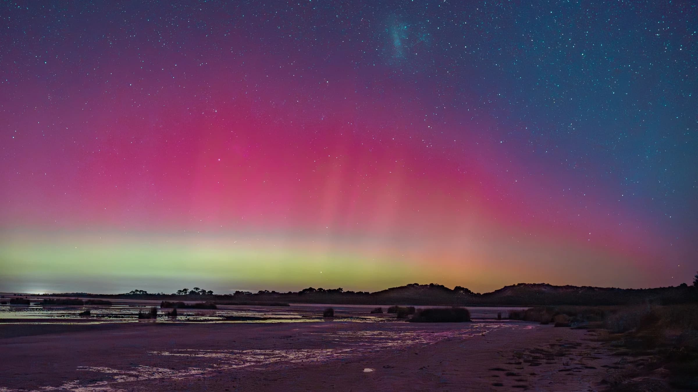 Aurora Australis Dancing Over Wetlands